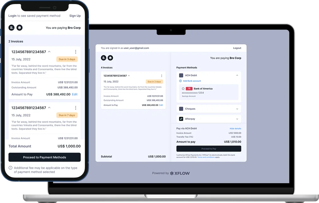 The checkout on a phone in front of a laptop, showing the same payment: a list of outstanding invoices with amounts due, and beside it the payment-method picker with bank debit, cheque and pay-later options.