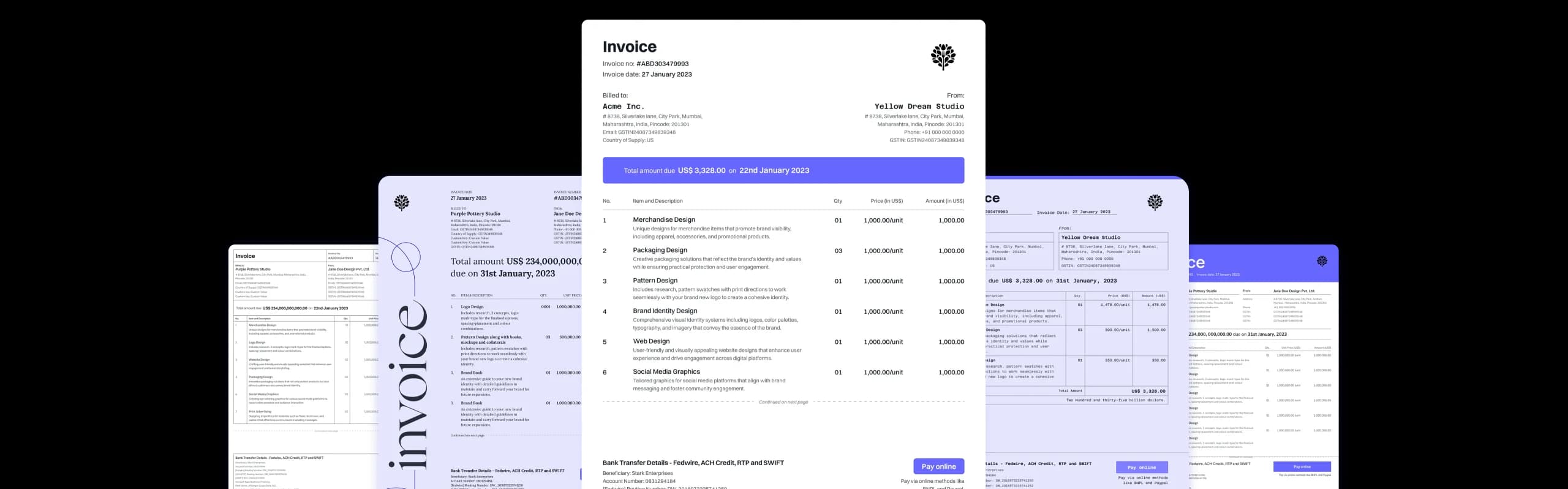 Several generated invoices arranged across the frame, one upright and fully legible with line items, tax and a total due, the rest angled behind it.