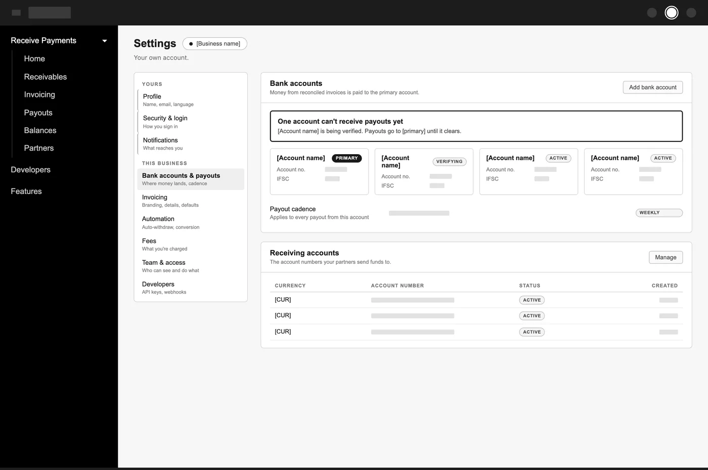 01 Category rail. Two groups always in view: what is yours, and what belongs to the account being configured. Carried forward.