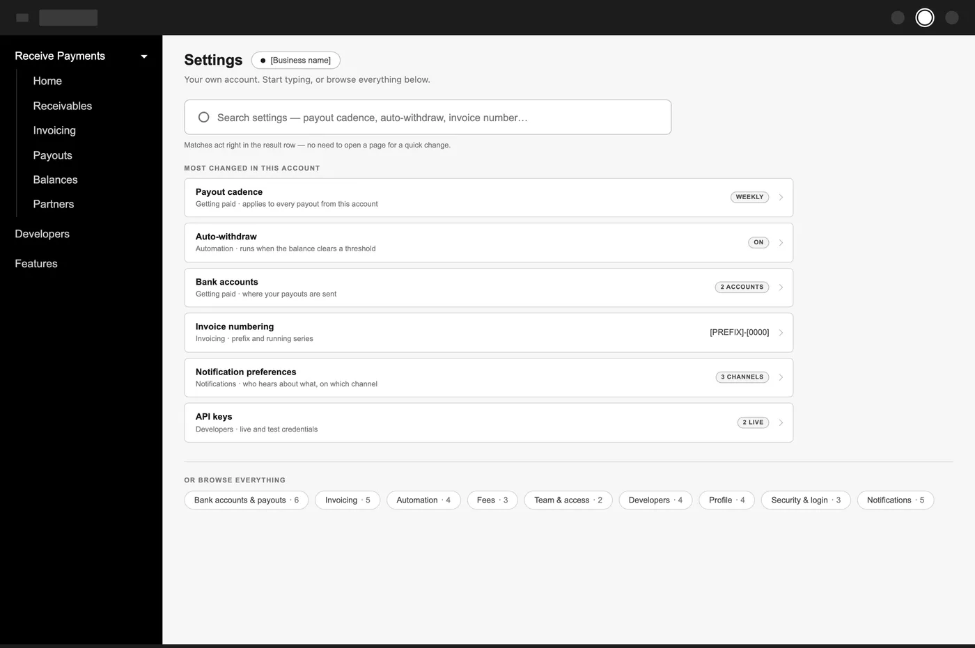 04 Search first. Most visits arrive with one thing in mind, so the query box leads and the control acts in the result row. Parked.