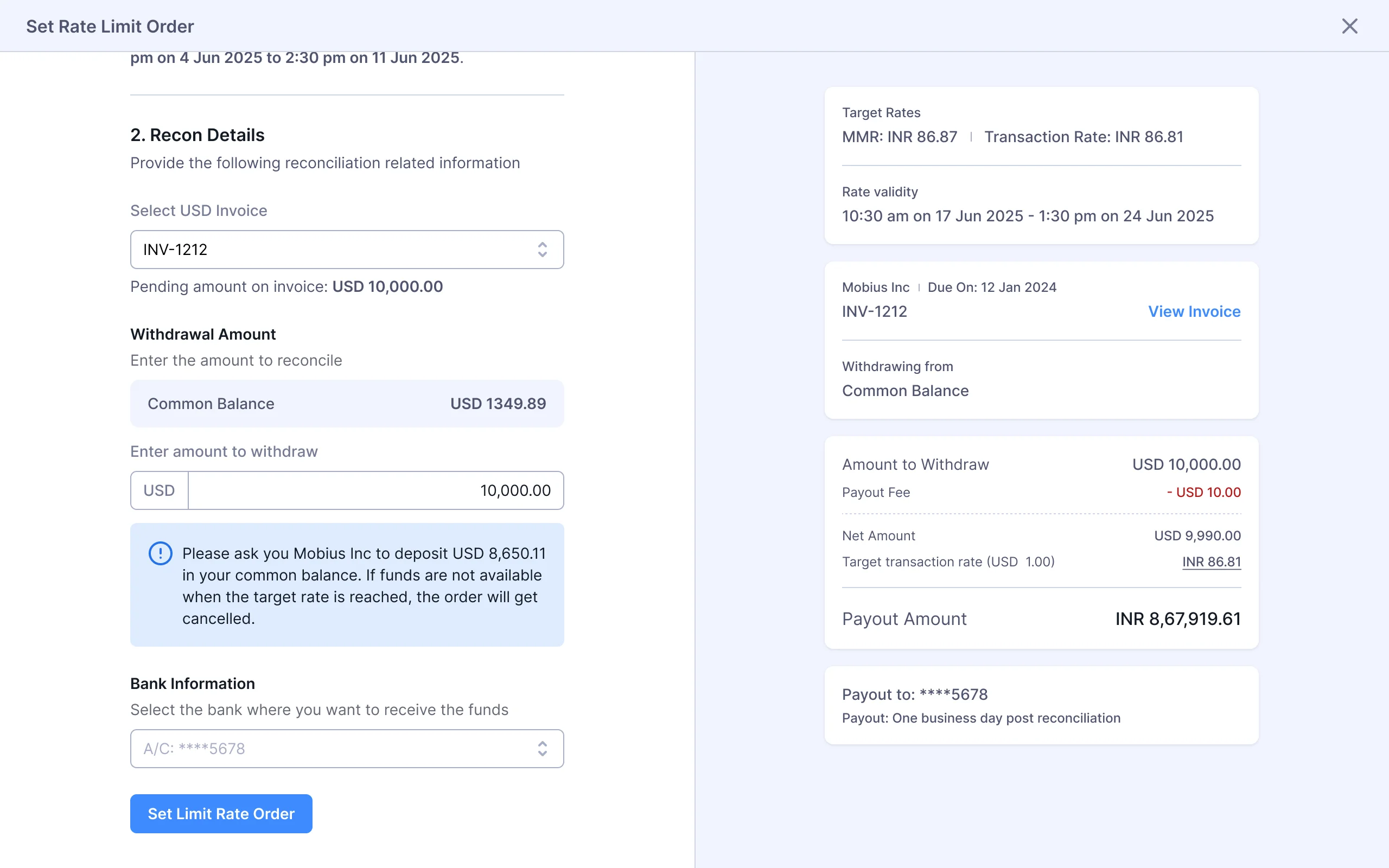 Step 4: Select the receiving bank account and veiw the expected INR amount