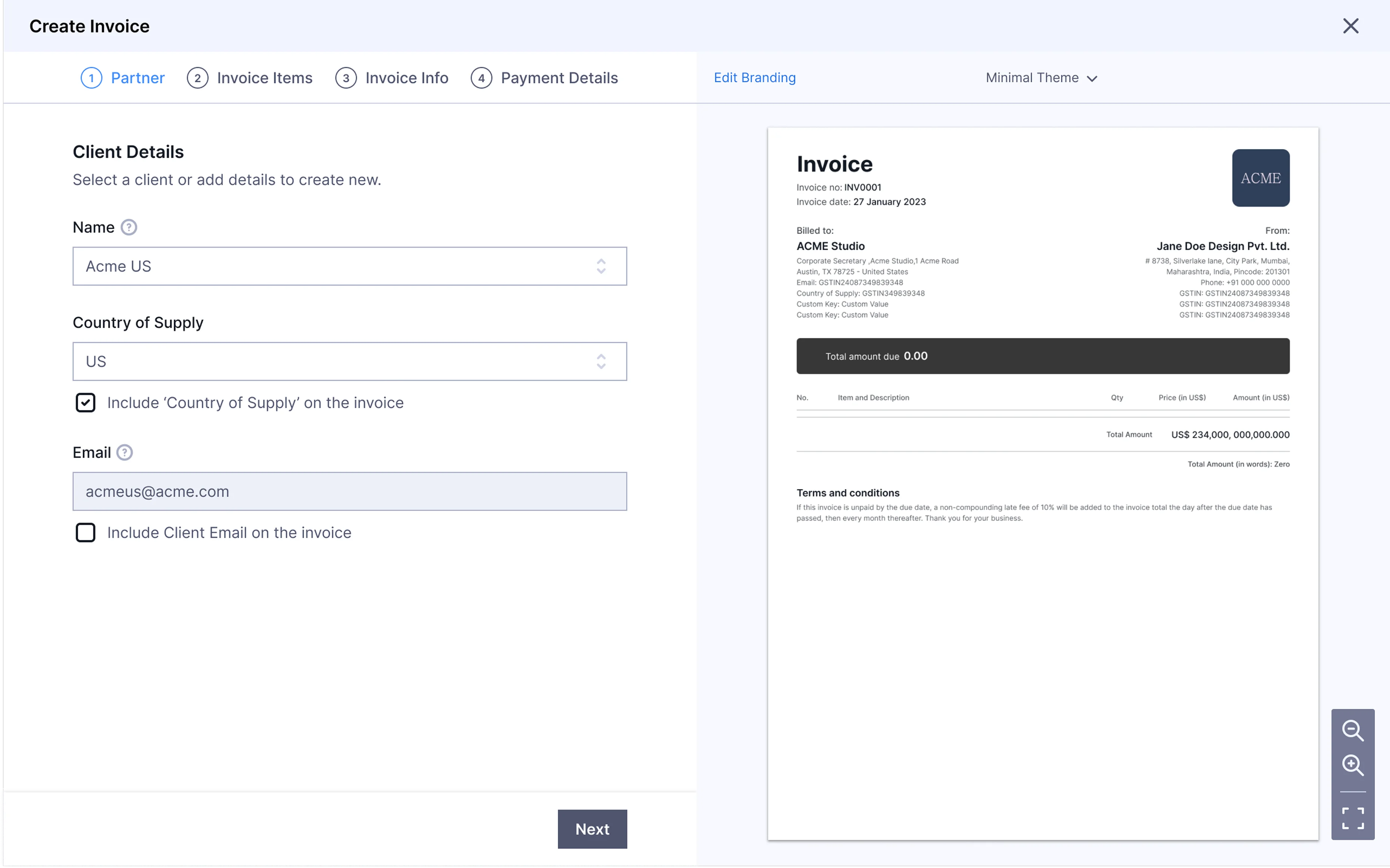 Step 1: Adding partner (client) information.
