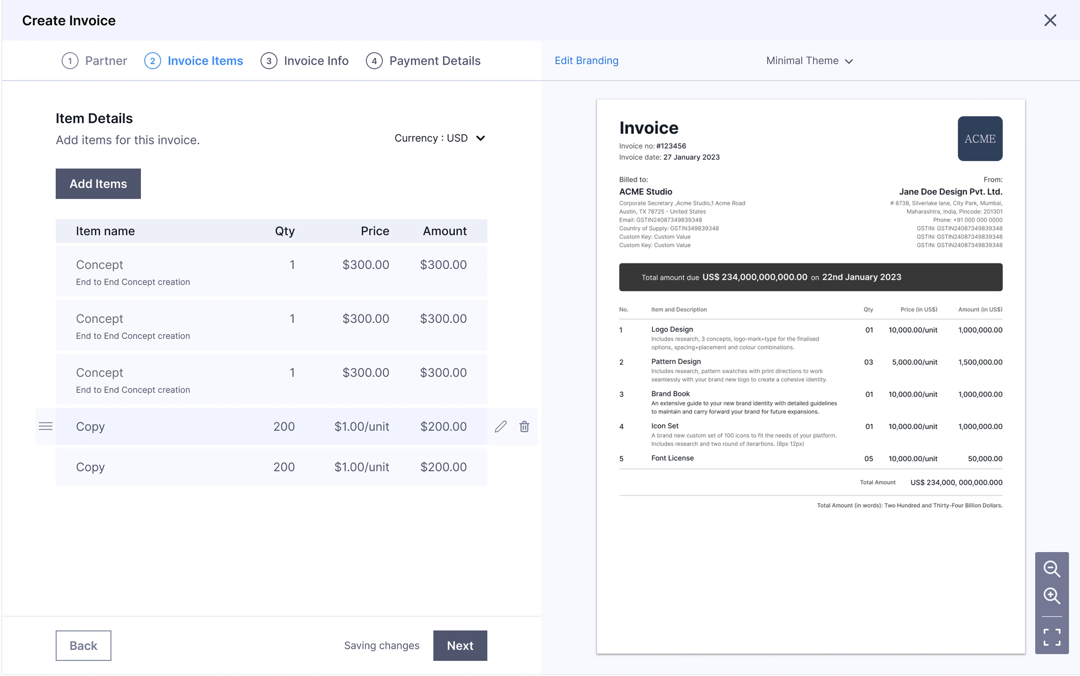 Step 2: Adding invoice items. A user can quick-add an existing item or create new.