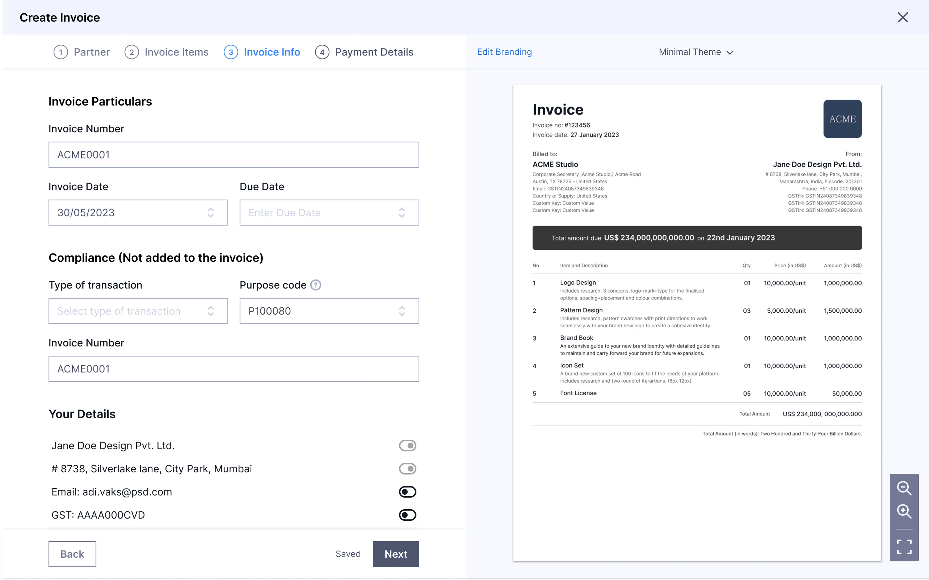 Step 3: Providing invoice information, some of these are compliant related.
