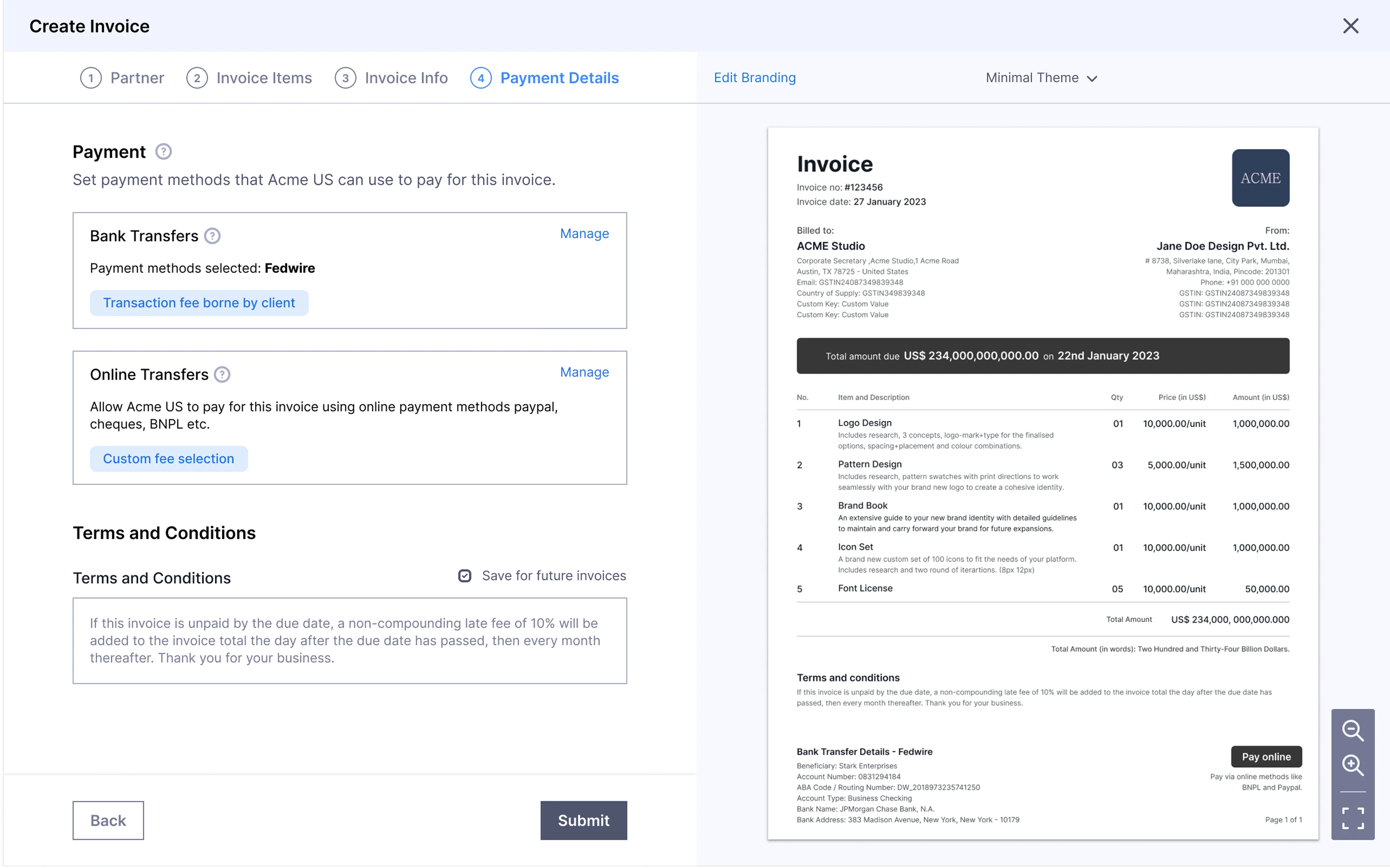 Step 4: Configuring payment details. The user can choose how they want to receive payment against this invoice.