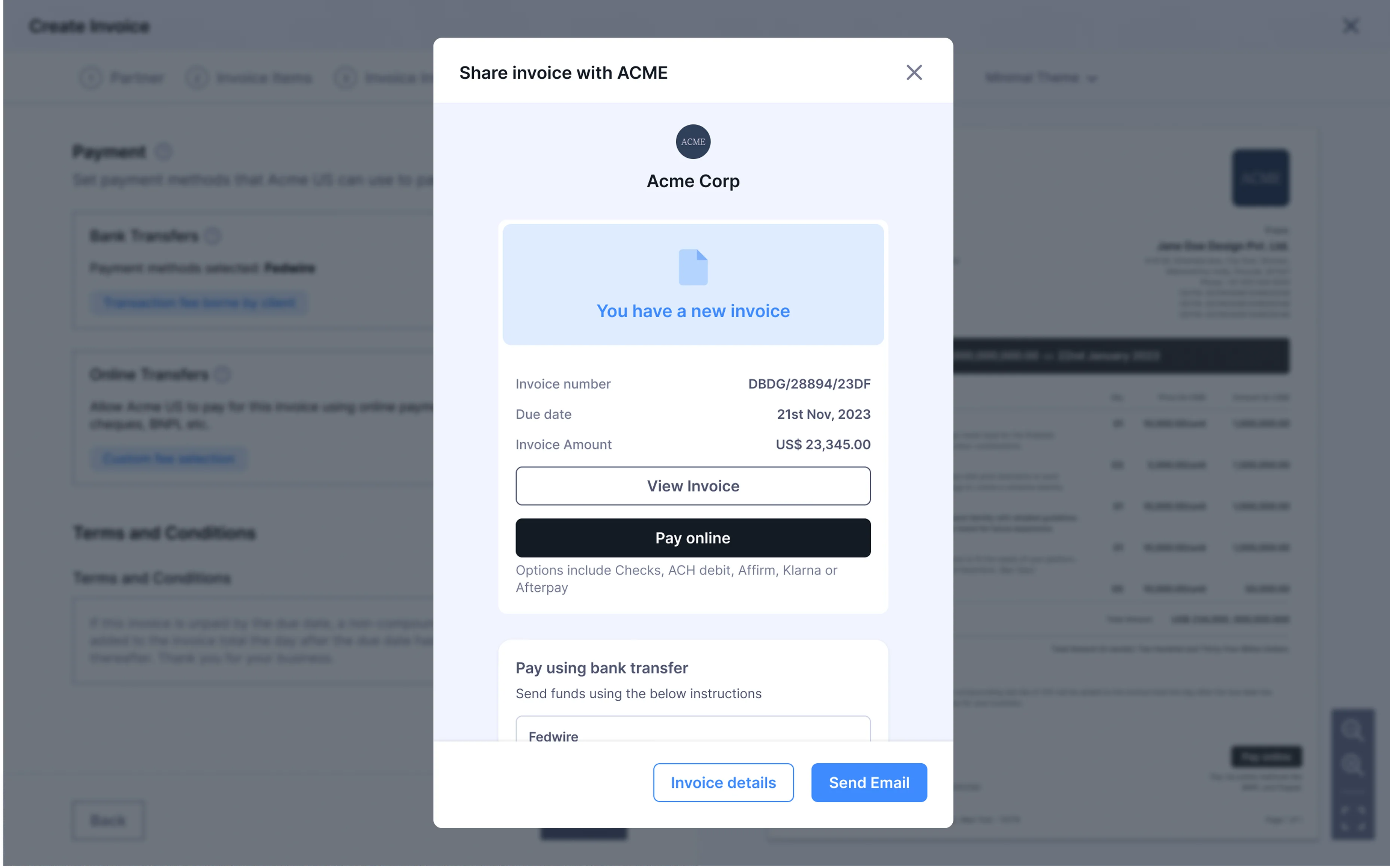 Invoice created: User can quick send an email with invoice and payment details to their partner.