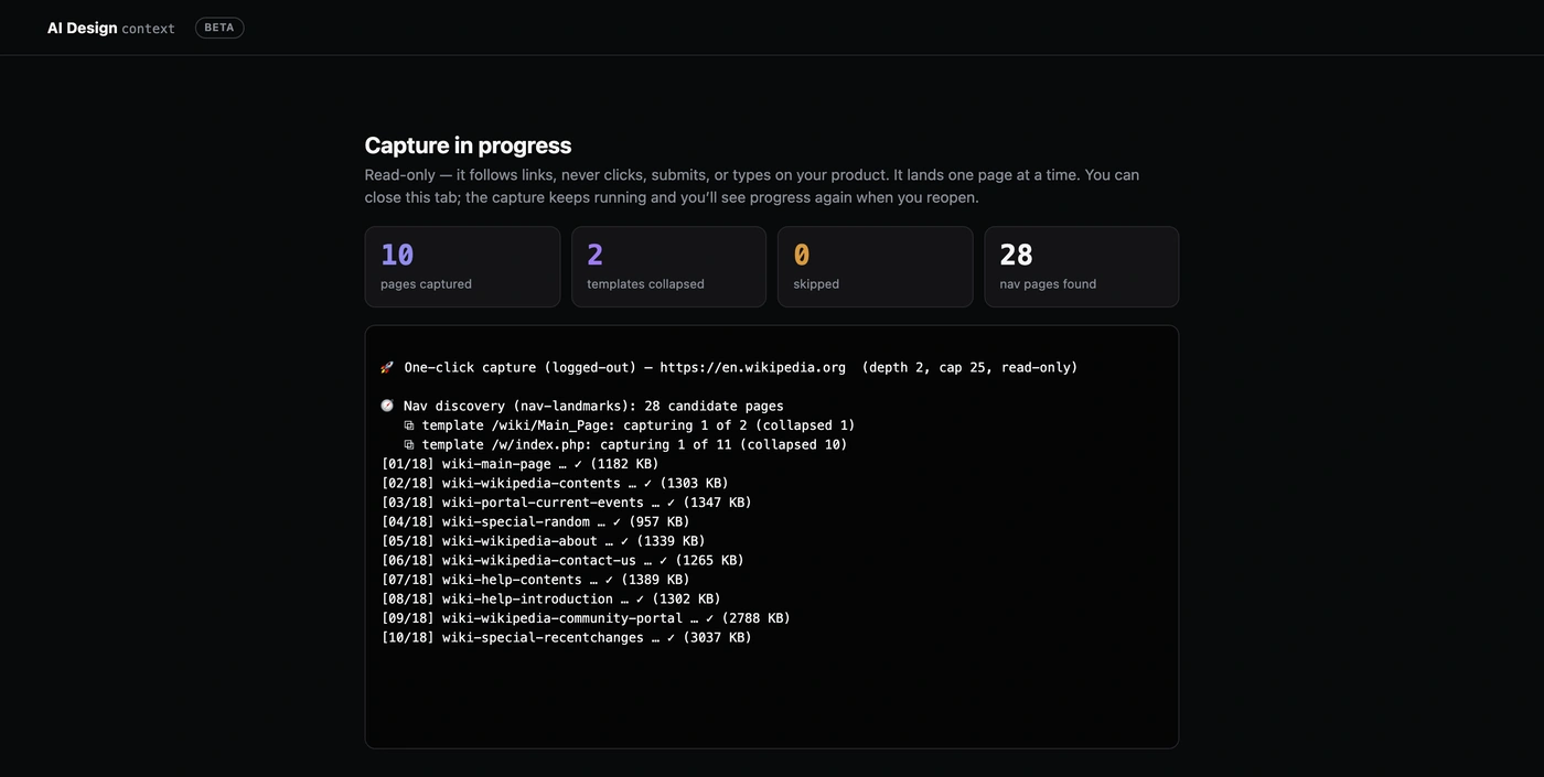 The dashboard mid-capture, headed 'Capture in progress': counters reading 10 pages captured, 2 templates collapsed, 0 skipped, 28 nav pages found, above a live log that opens with 'Nav discovery (nav-landmarks): 28 candidate pages' and ten captured Wikipedia pages with their sizes, from wiki-main-page to wiki-special-recentchanges.
